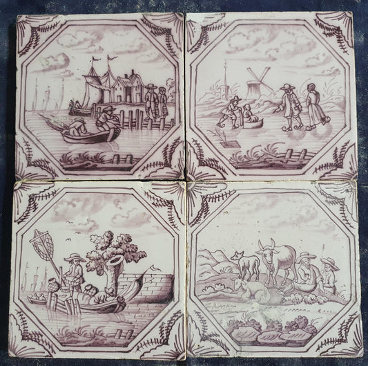 4 xDelft tile, landscape 18th century (c. 1760) Dutch manganese tile . ( Landscape tile )