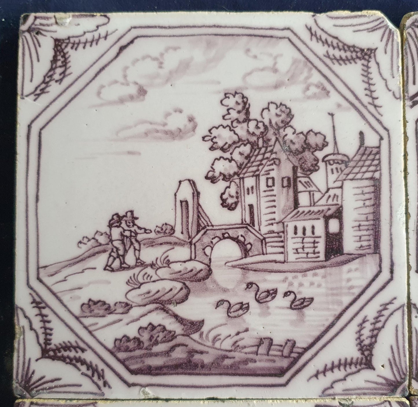 4 xDelft tile, landscape 18th century (c. 1760) Dutch manganese tile . ( Landscape tile )