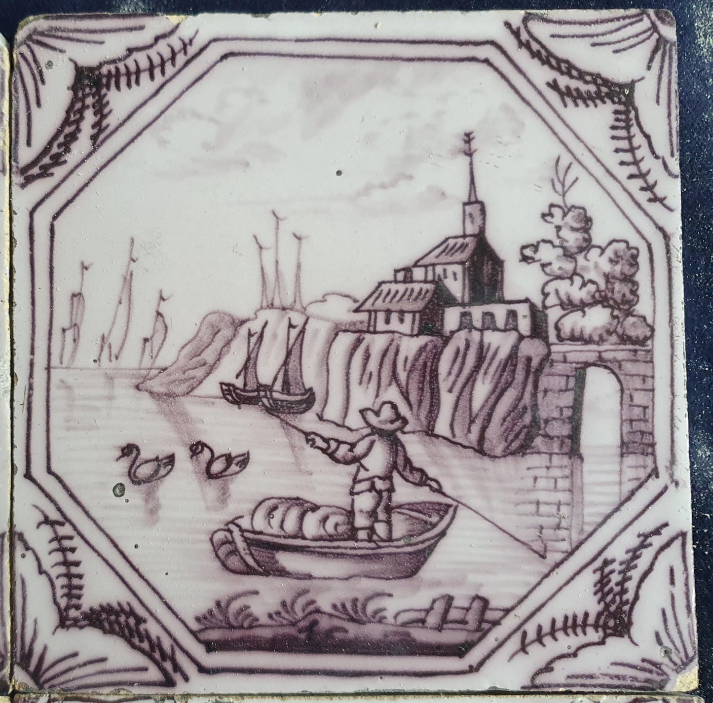 4 xDelft tile, landscape 18th century (c. 1760) Dutch manganese tile . ( Landscape tile )