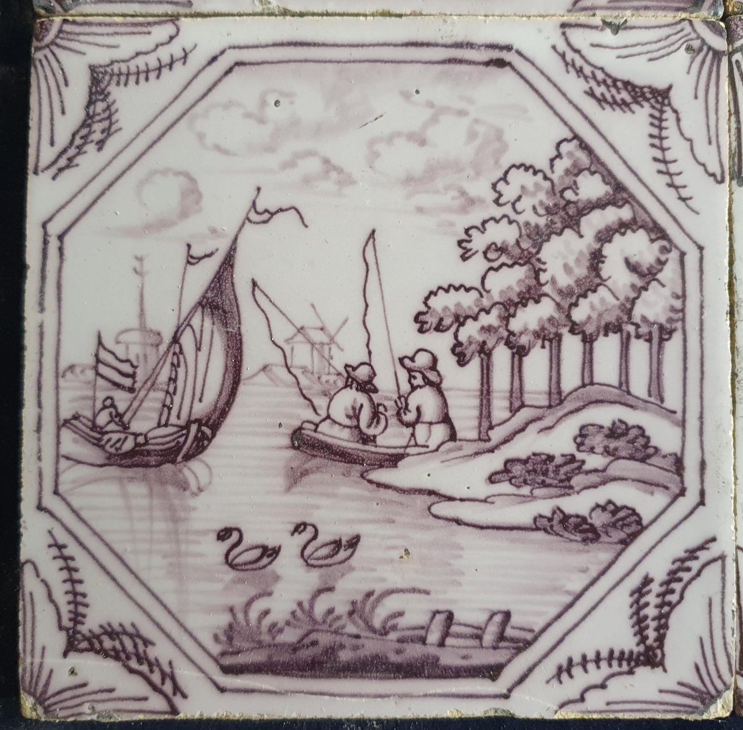 4 xDelft tile, landscape 18th century (c. 1760) Dutch manganese tile . ( Landscape tile )