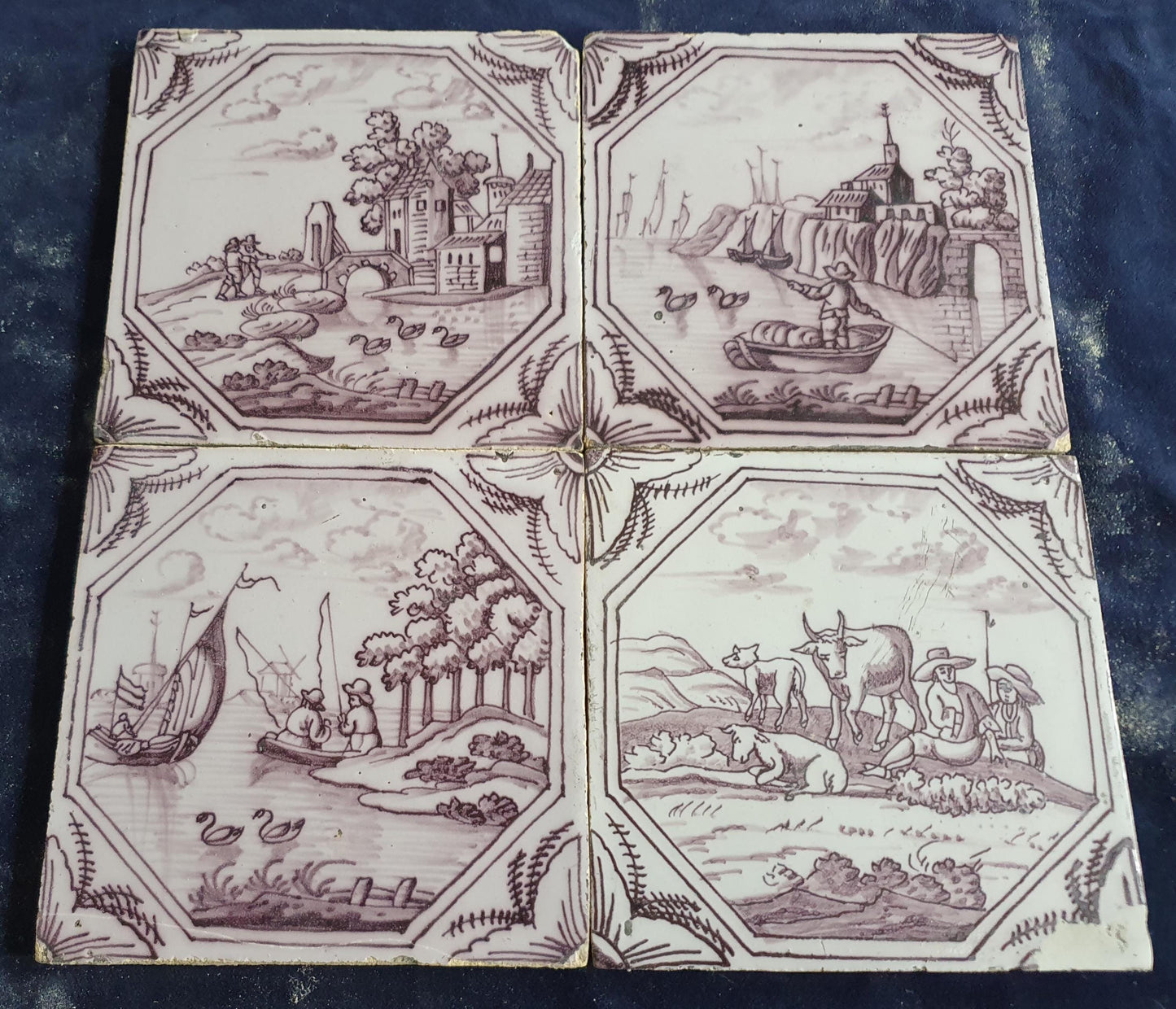 4 xDelft tile, landscape 18th century (c. 1760) Dutch manganese tile . ( Landscape tile )