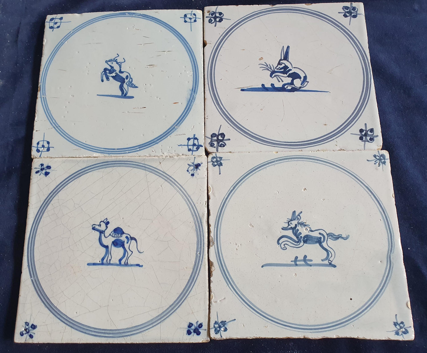 4 x Antique Delft Tile: 1780s Springer with animals
