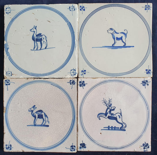 4 x Antique Delft Tile: 1780s Springer with animals