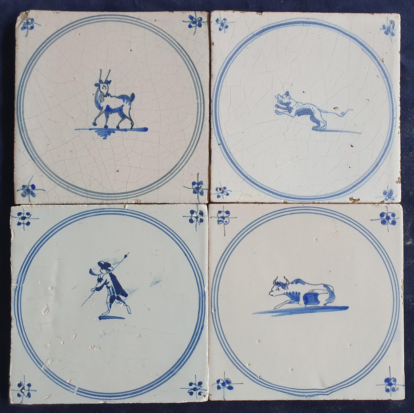 4 x Antique Delft Tile: 1780s Springer with animals
