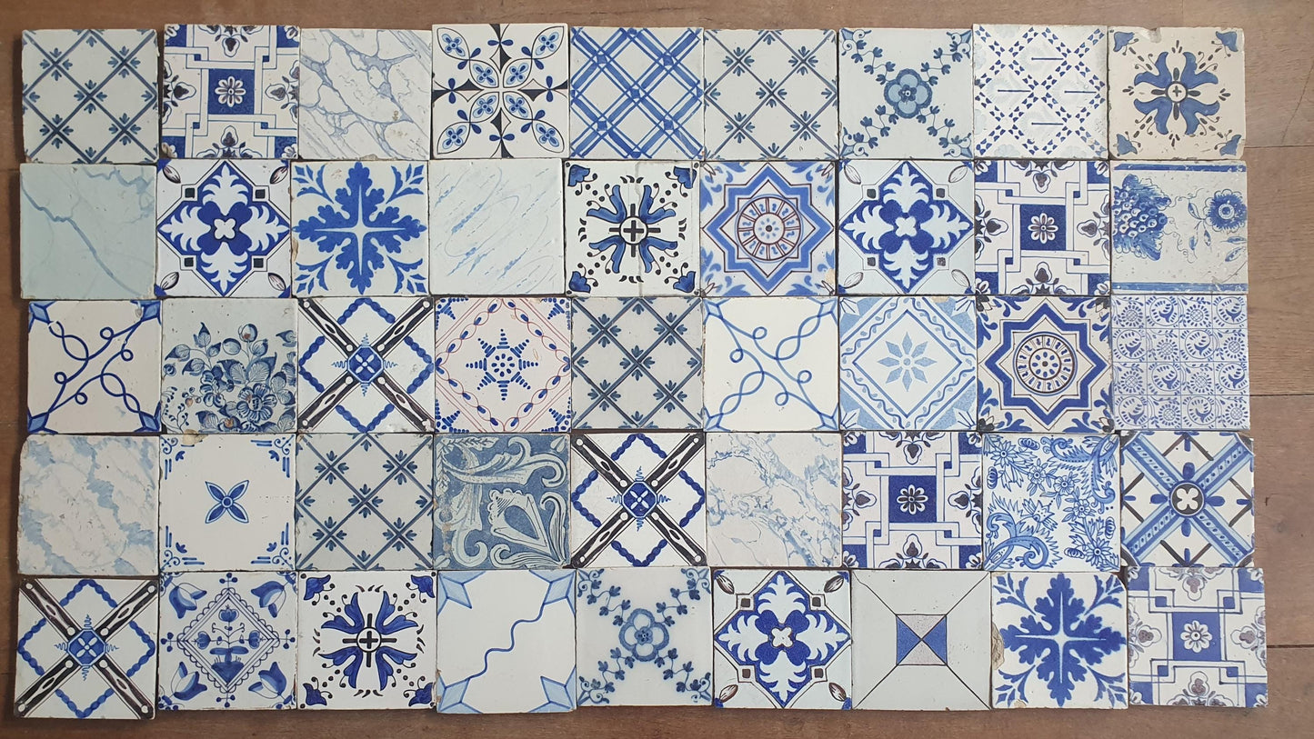45 x Dutch Delft Blue Tile Ormanent, mix, 18th-19th century, antique collectable and backsplash fireplace kitchen tiles. ornamenttile