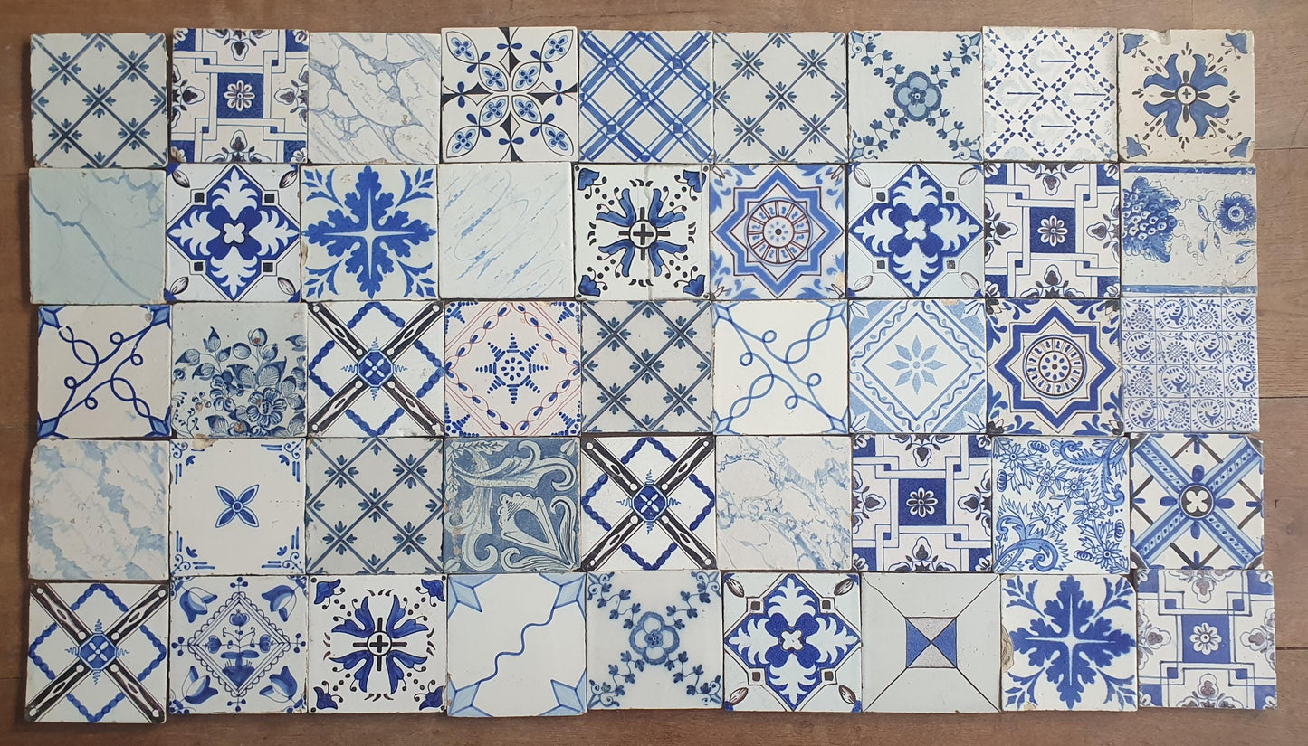 45 x Dutch Delft Blue Tile Ormanent, mix, 18th-19th century, antique collectable and backsplash fireplace kitchen tiles. ornamenttile