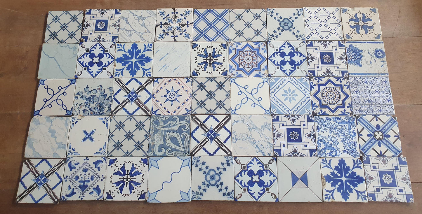 45 x Dutch Delft Blue Tile Ormanent, mix, 18th-19th century, antique collectable and backsplash fireplace kitchen tiles. ornamenttile