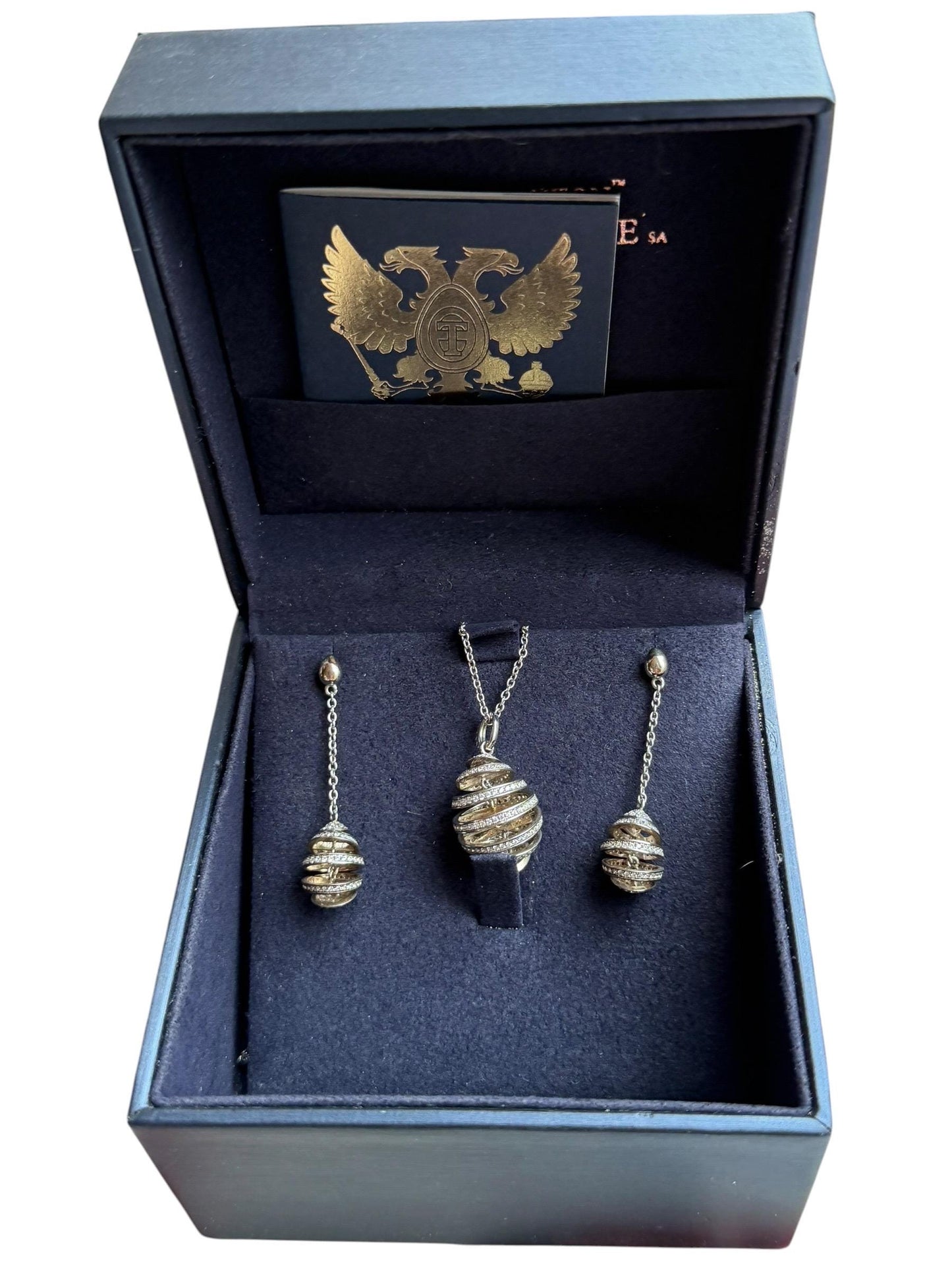 Fabergé Egg Sterling Silver set Earrings plus necklace , Tatiana Tsars Collection faberge 9nine ketting 45 cm