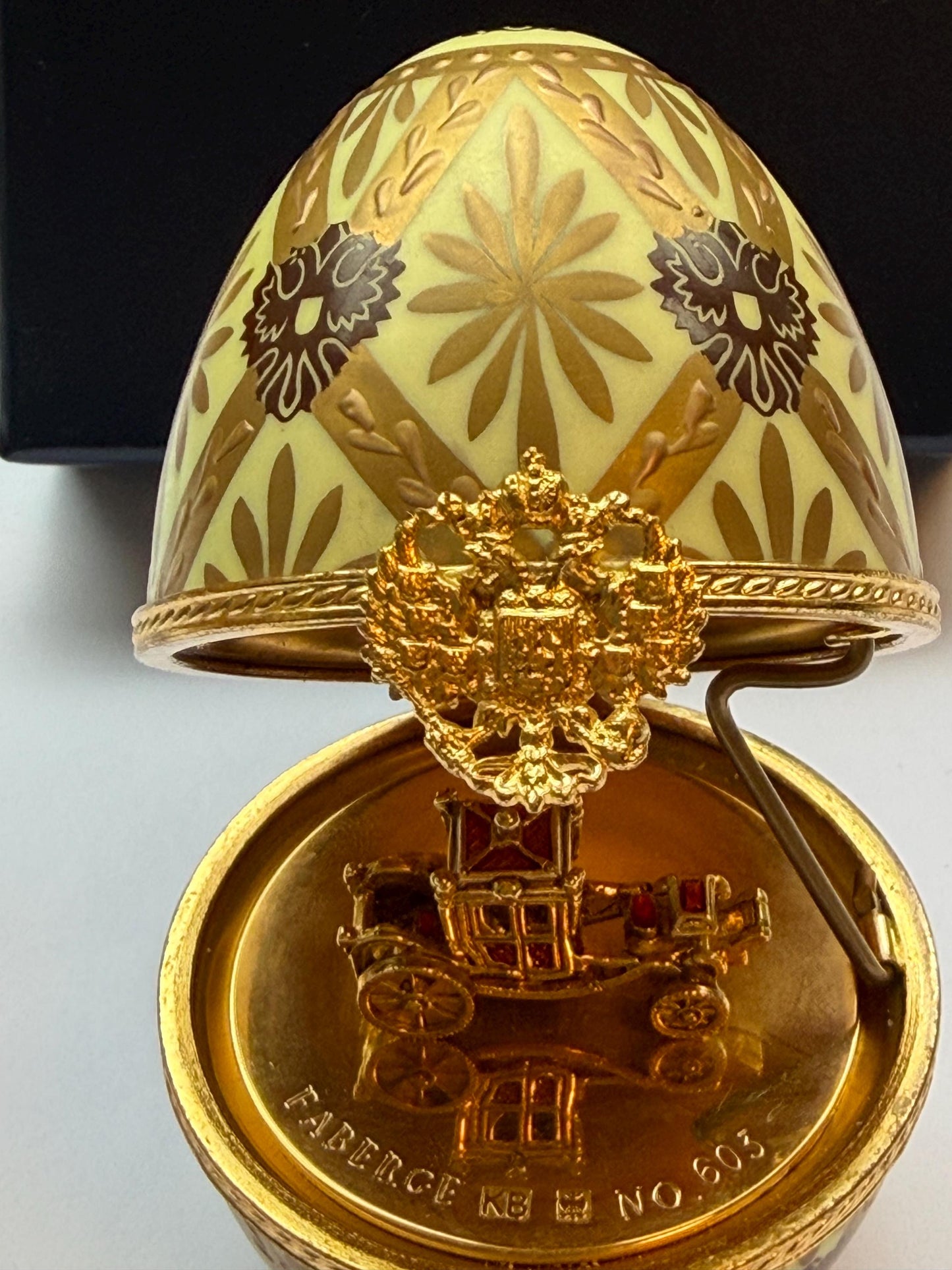 XL Fabergé Egg, Sterling Silver, 24K Gold, coach inside, Faberge with goldgilt and Limoges Porcelain, marked numbered