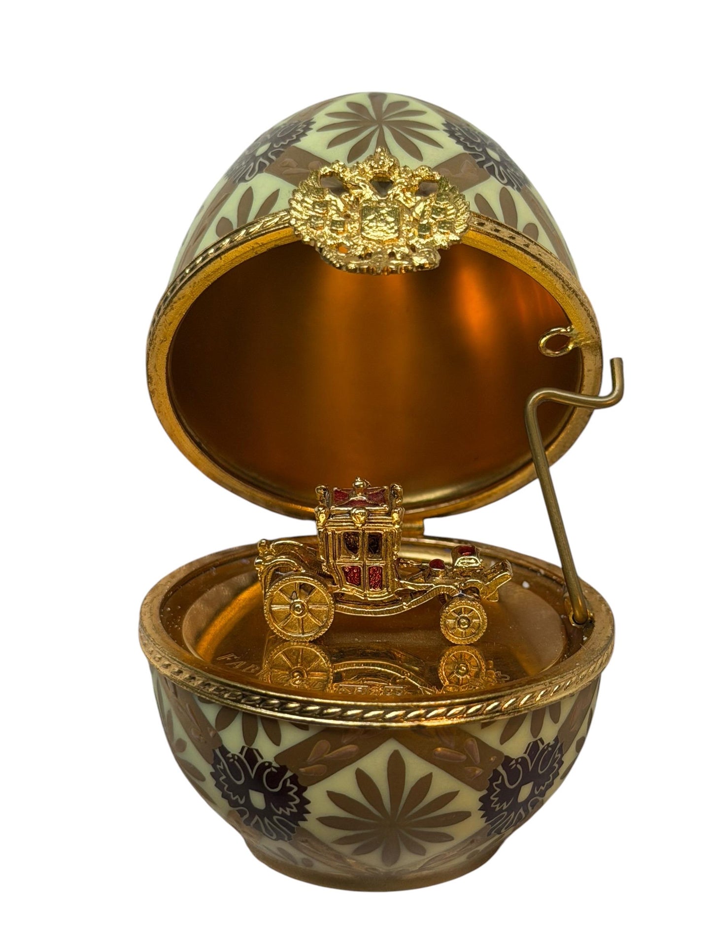 XL Fabergé Egg, Sterling Silver, 24K Gold, coach inside, Faberge with goldgilt and Limoges Porcelain, marked numbered