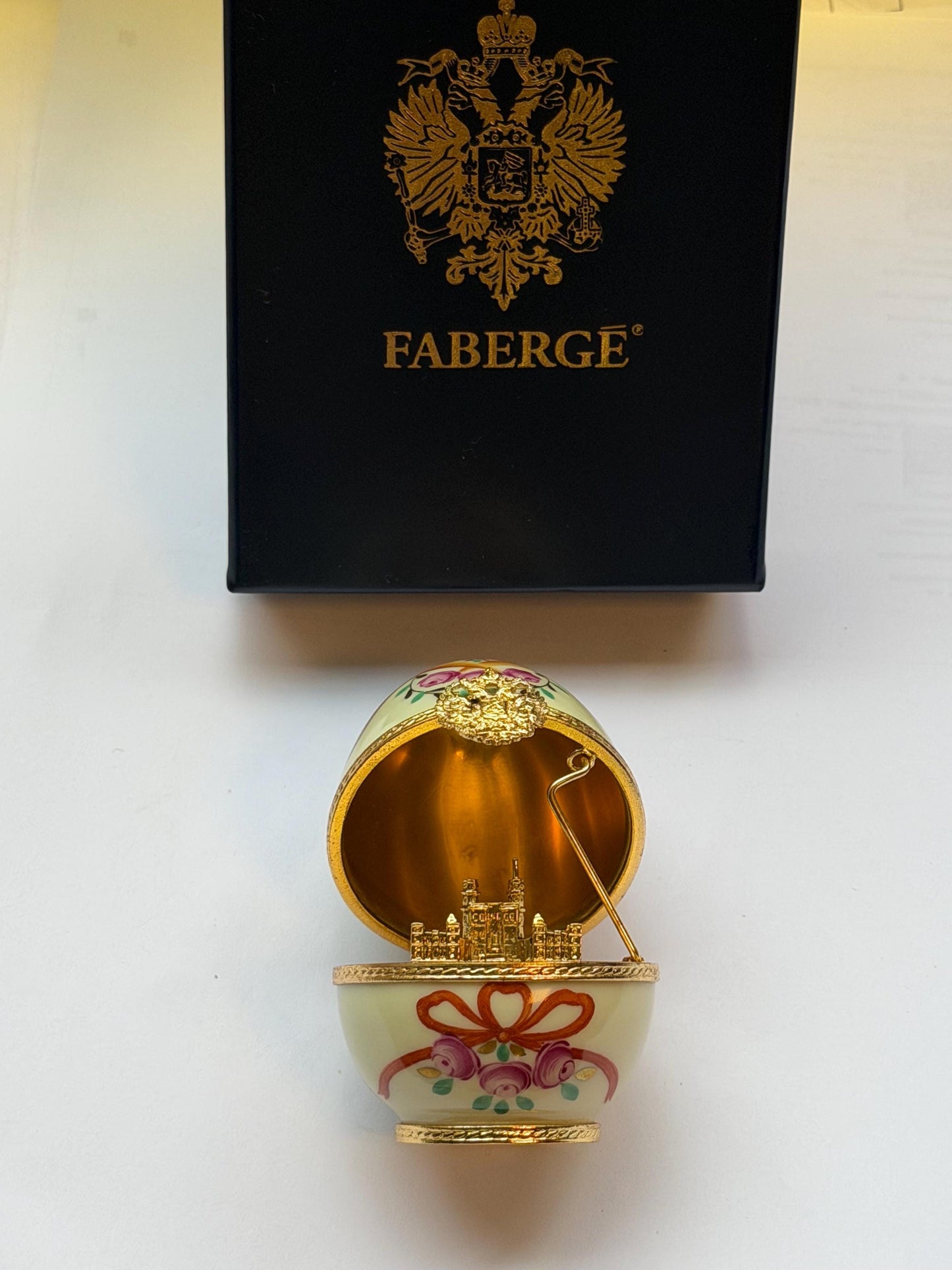 XL Fabergé Egg, Sterling Silver, 24K Gold, palace inside, Faberge with goldgilt and Limoges Porcelain, marked numbered