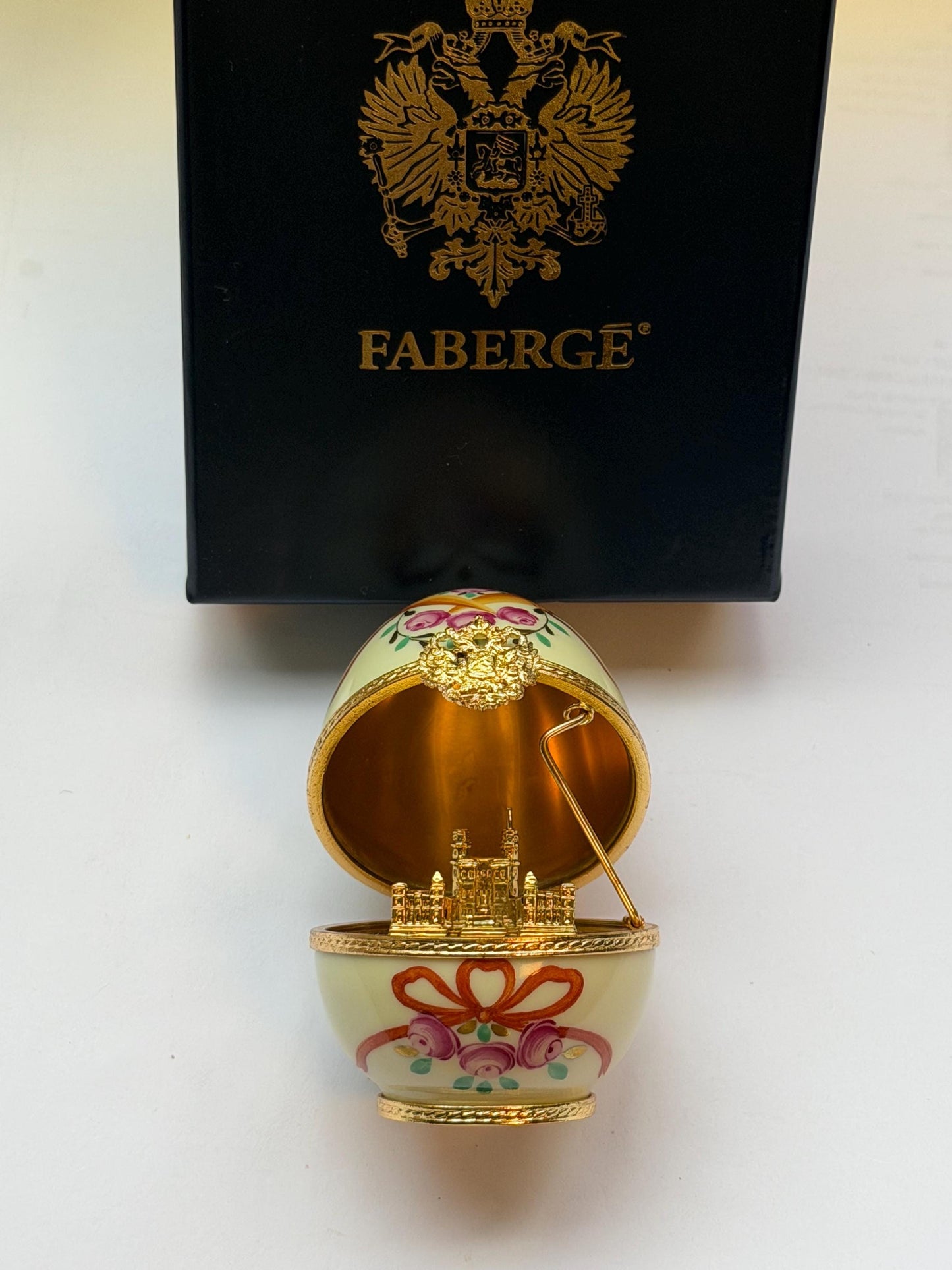 XL Fabergé Egg, Sterling Silver, 24K Gold, palace inside, Faberge with goldgilt and Limoges Porcelain, marked numbered