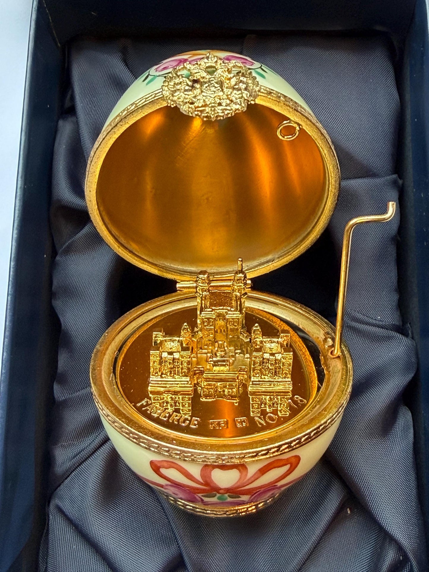 XL Fabergé Egg, Sterling Silver, 24K Gold, palace inside, Faberge with goldgilt and Limoges Porcelain, marked numbered