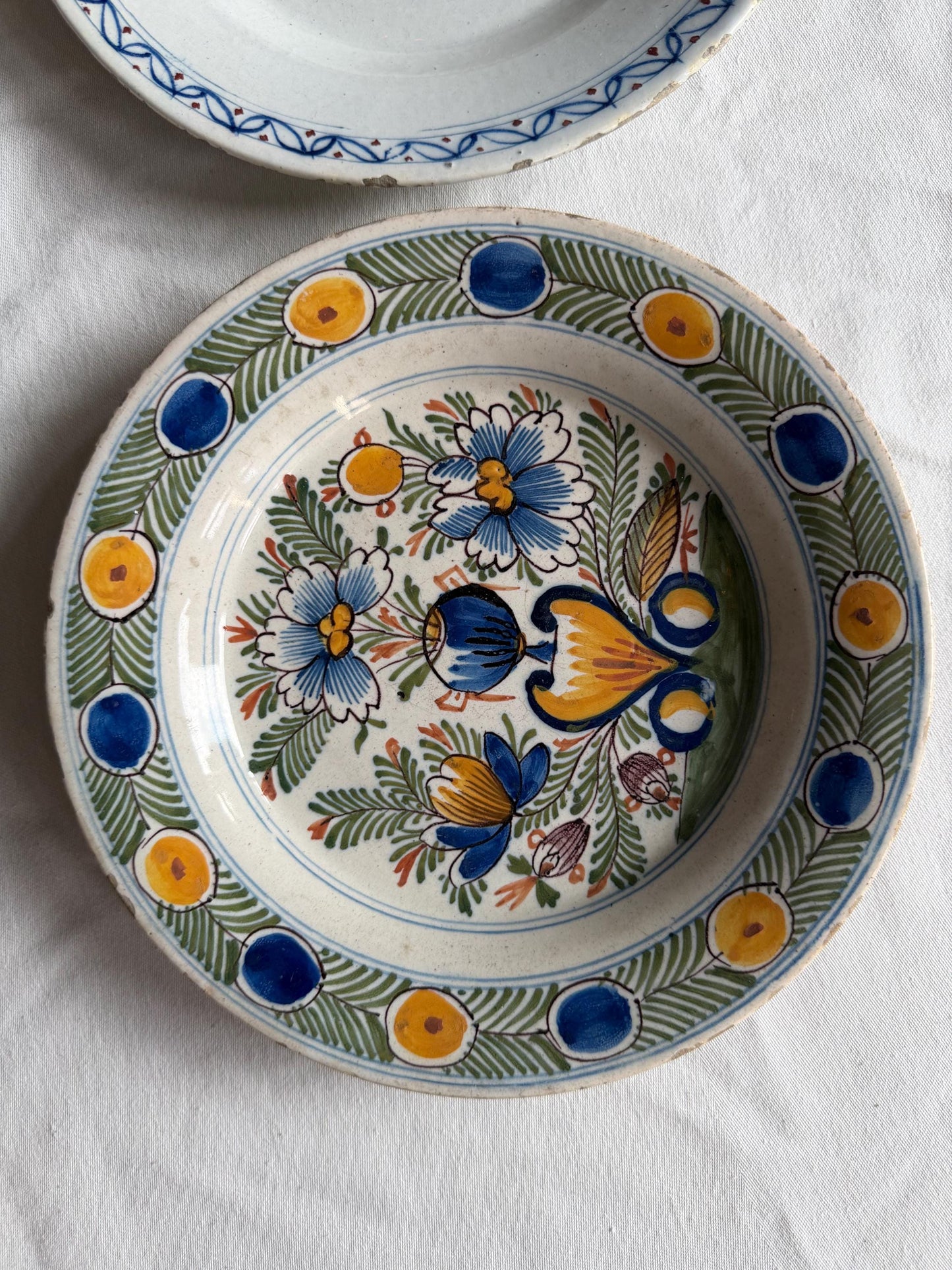 Set Antique Delft Pottery Plates, polychrome, voc,  Handpainted Chinoiserie Decor, 18th Century (Set of 3) tableware
