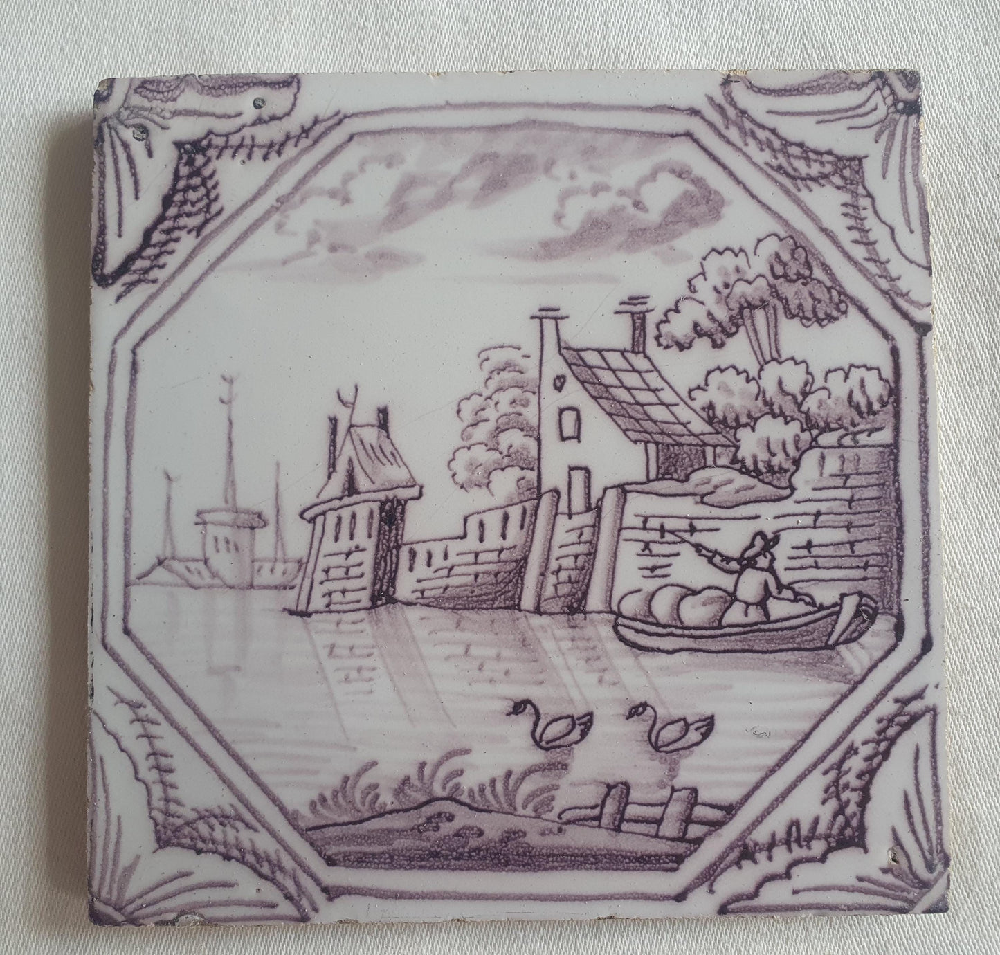 Delft tile, landscape 18th century (c. 1760) Dutch manganese tile . ( Landscape tile )
