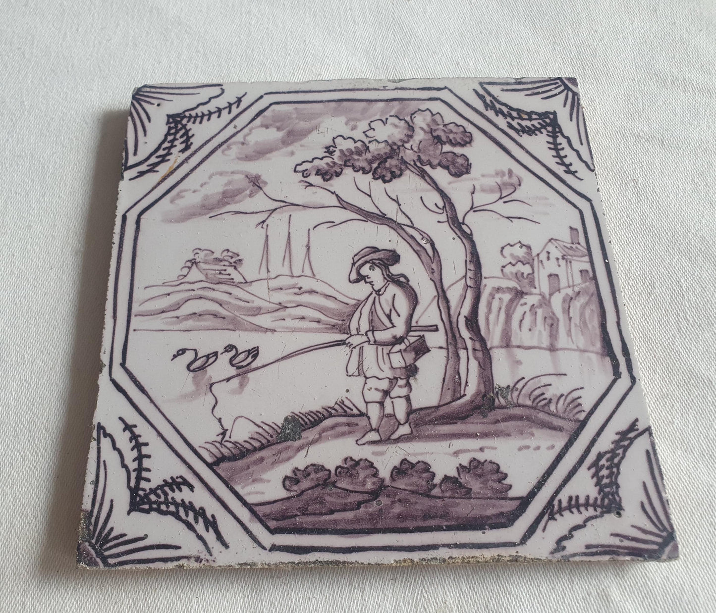 Delft tile, Fisherman 18th century (c. 1760) Dutch manganese tile . ( figuretile )