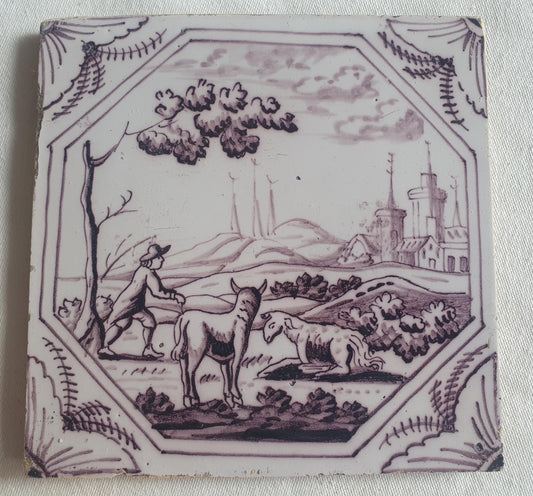 Delft tile, man and two animals 18th century (c. 1760) Dutchmanganese tile . ( Animal tile )