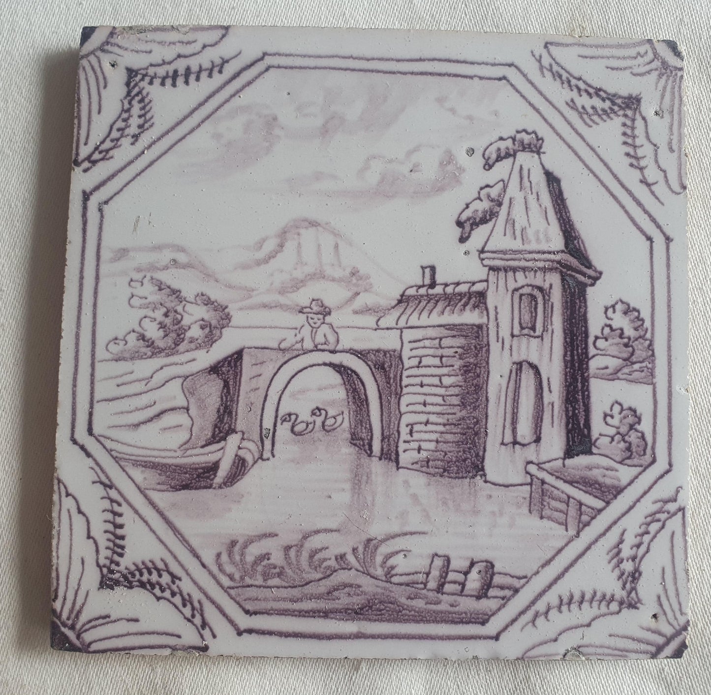 Delft tile, landscape 18th century (c. 1760) Dutch manganese tile . ( Landscape tile )