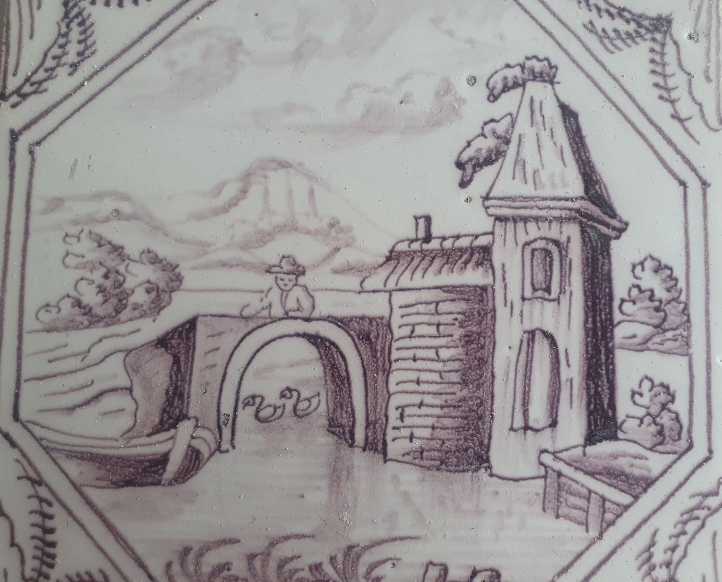 Delft tile, landscape 18th century (c. 1760) Dutch manganese tile . ( Landscape tile )