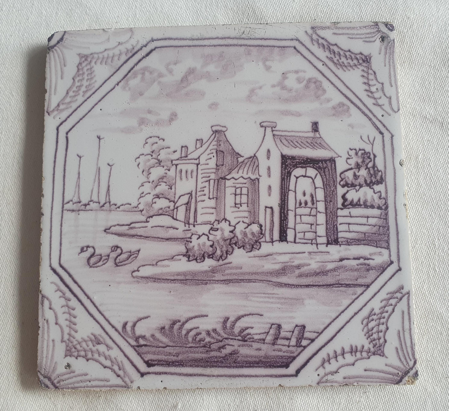 Delft tile, landscape 18th century (c. 1760) Dutch manganese tile . ( Landscape tile )