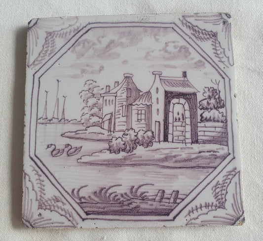 Delft tile, landscape 18th century (c. 1760) Dutch manganese tile . ( Landscape tile )