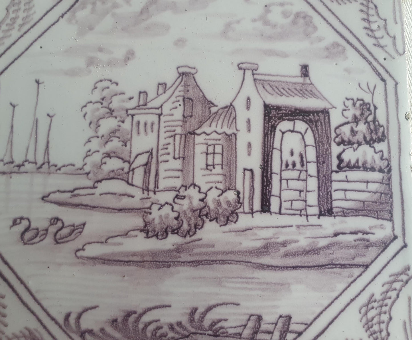Delft tile, landscape 18th century (c. 1760) Dutch manganese tile . ( Landscape tile )
