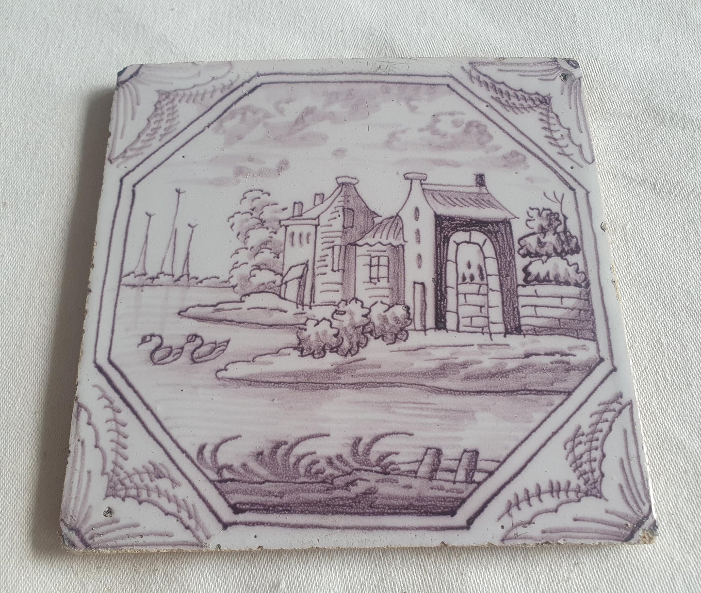 Delft tile, landscape 18th century (c. 1760) Dutch manganese tile . ( Landscape tile )