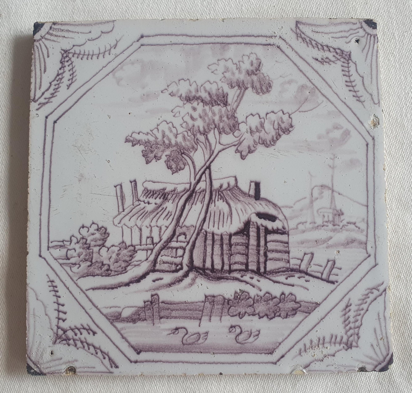 Delft tile, landscape 18th century (c. 1760) Dutch manganese tile . ( Landscape tile )