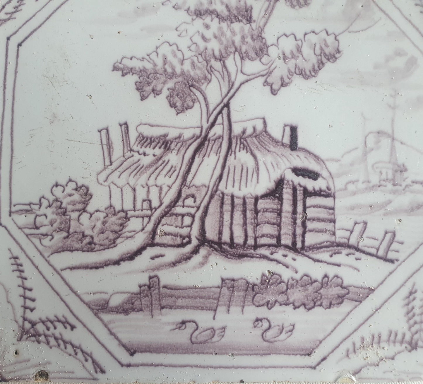 Delft tile, landscape 18th century (c. 1760) Dutch manganese tile . ( Landscape tile )