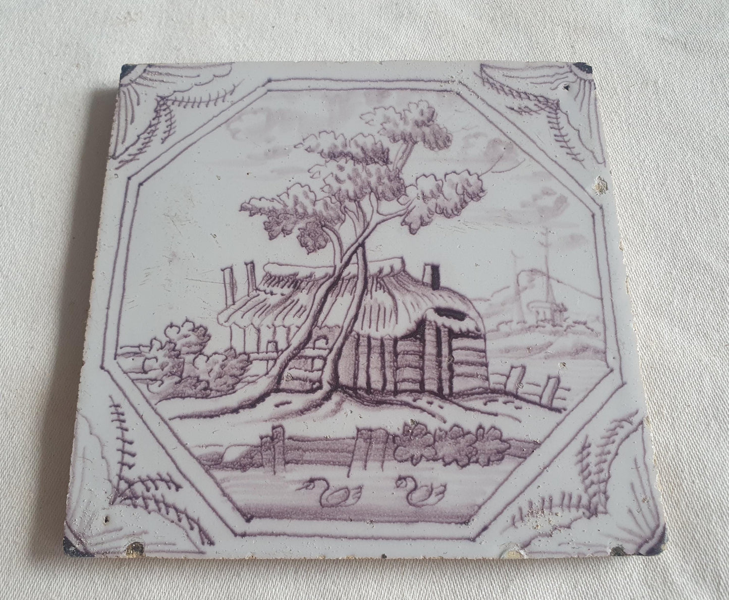 Delft tile, landscape 18th century (c. 1760) Dutch manganese tile . ( Landscape tile )