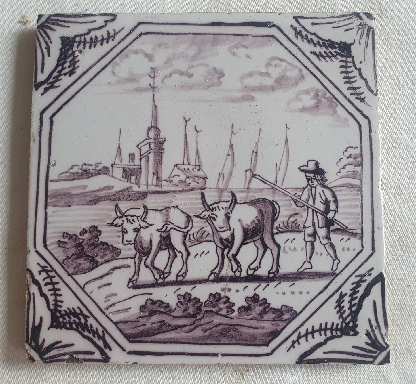 Delft tile, man and two animals 18th century (c. 1760) Dutchmanganese tile . ( Animal tile )