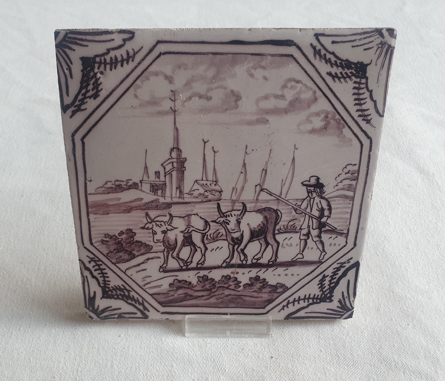 Delft tile, man and two animals 18th century (c. 1760) Dutchmanganese tile . ( Animal tile )