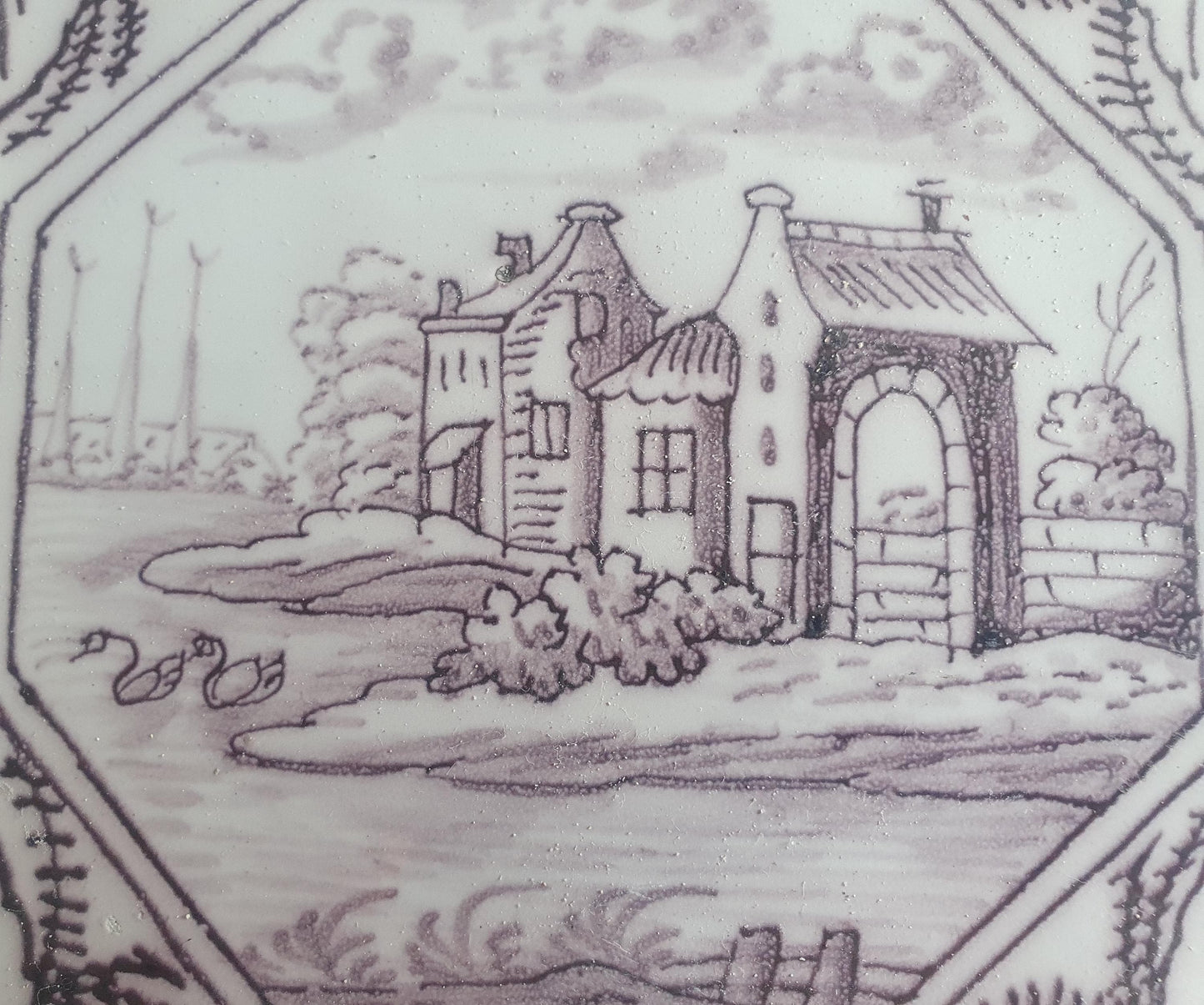 Delft tile, landscape 18th century (c. 1760) Dutch manganese tile . ( Landscape tile )
