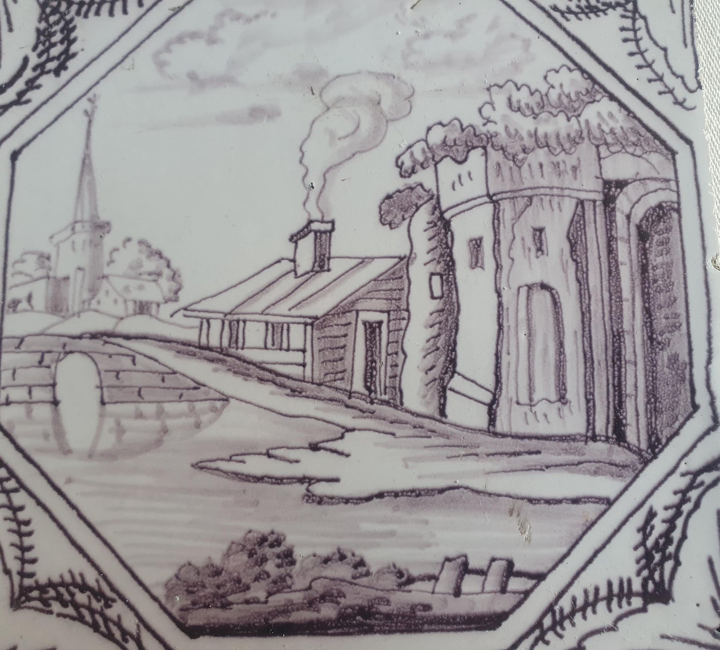 Delft tile, landscape 18th century (c. 1760) Dutch manganese tile . ( Landscape tile )