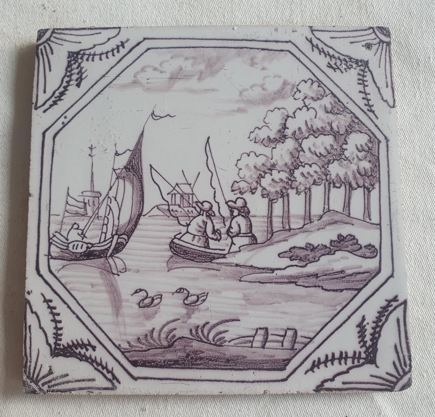 Delft tile, man and two Fishermen 18th century (c. 1760) Dutchmanganese tile . ( Animal tile )