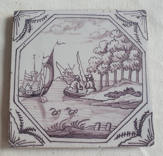 Delft tile, man and two Fishermen 18th century (c. 1760) Dutchmanganese tile . ( Animal tile )