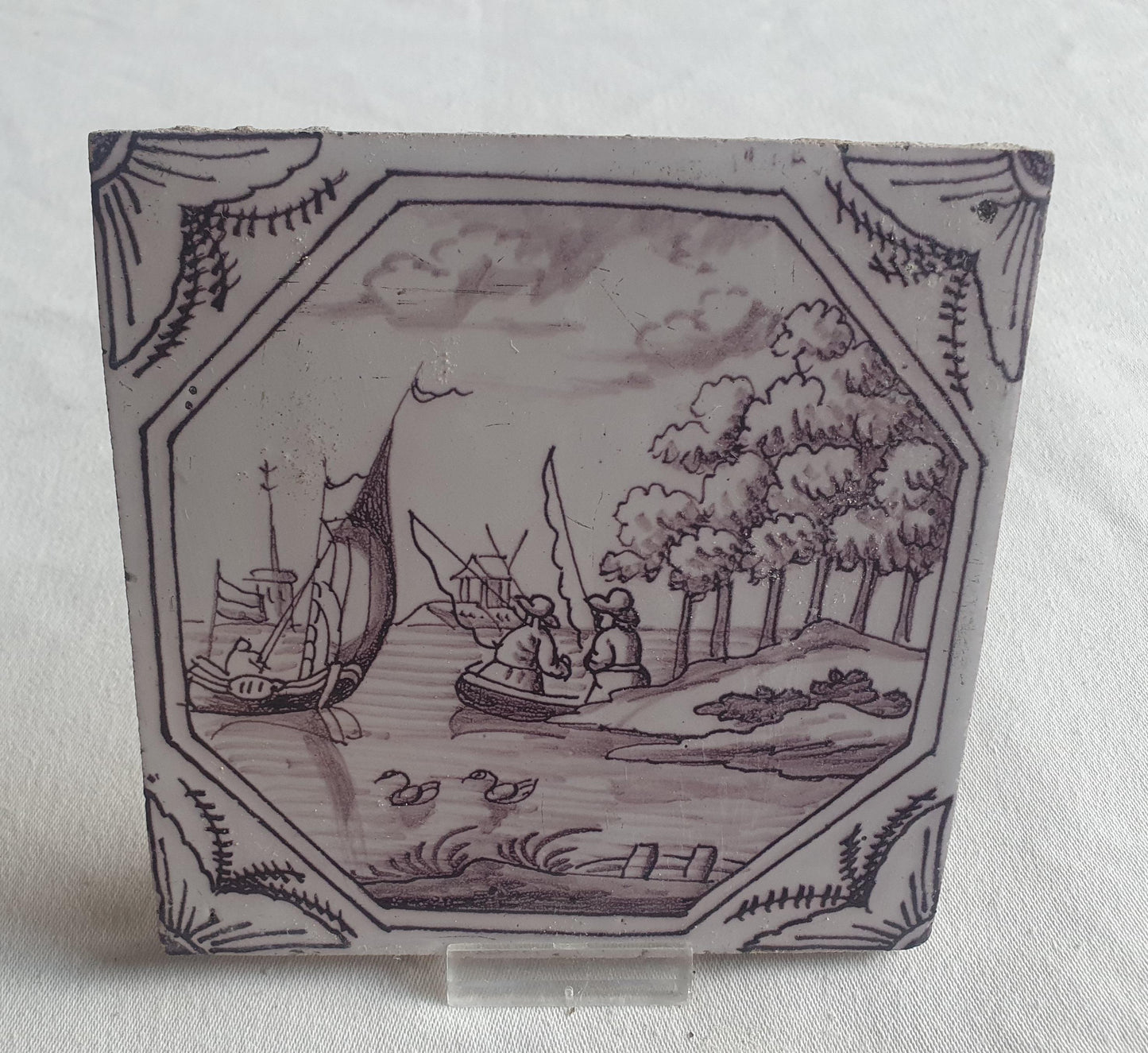 Delft tile, man and two Fishermen 18th century (c. 1760) Dutchmanganese tile . ( Animal tile )
