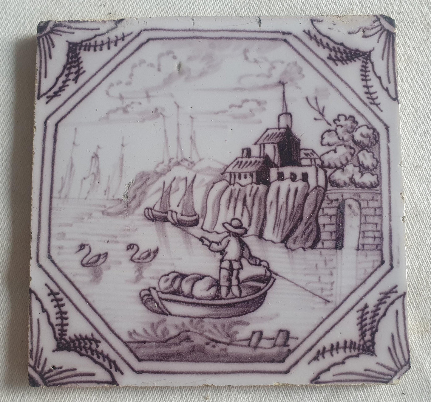 Delft tile, landscape 18th century (c. 1760) Dutch manganese tile . ( Landscape tile )
