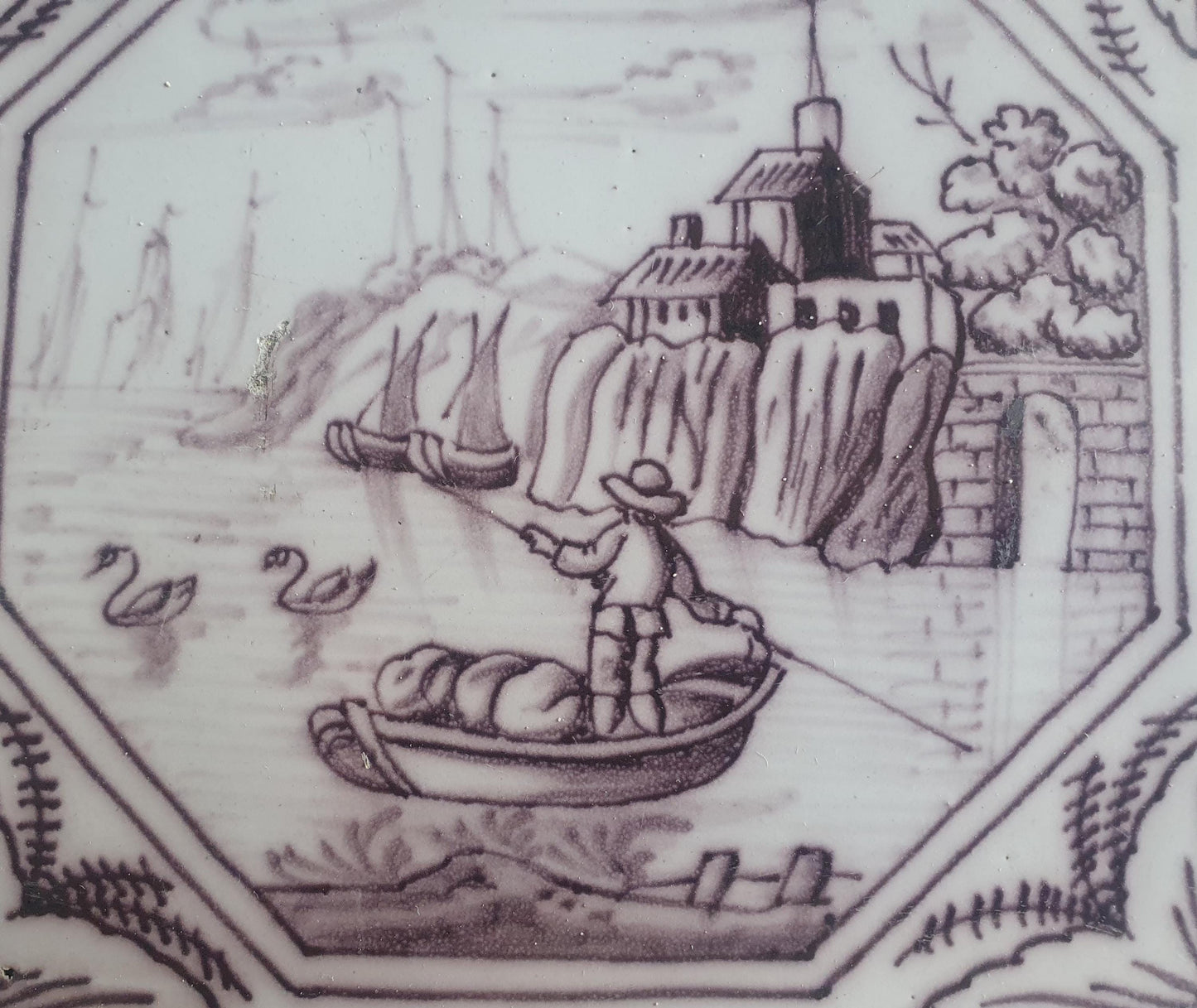 Delft tile, landscape 18th century (c. 1760) Dutch manganese tile . ( Landscape tile )