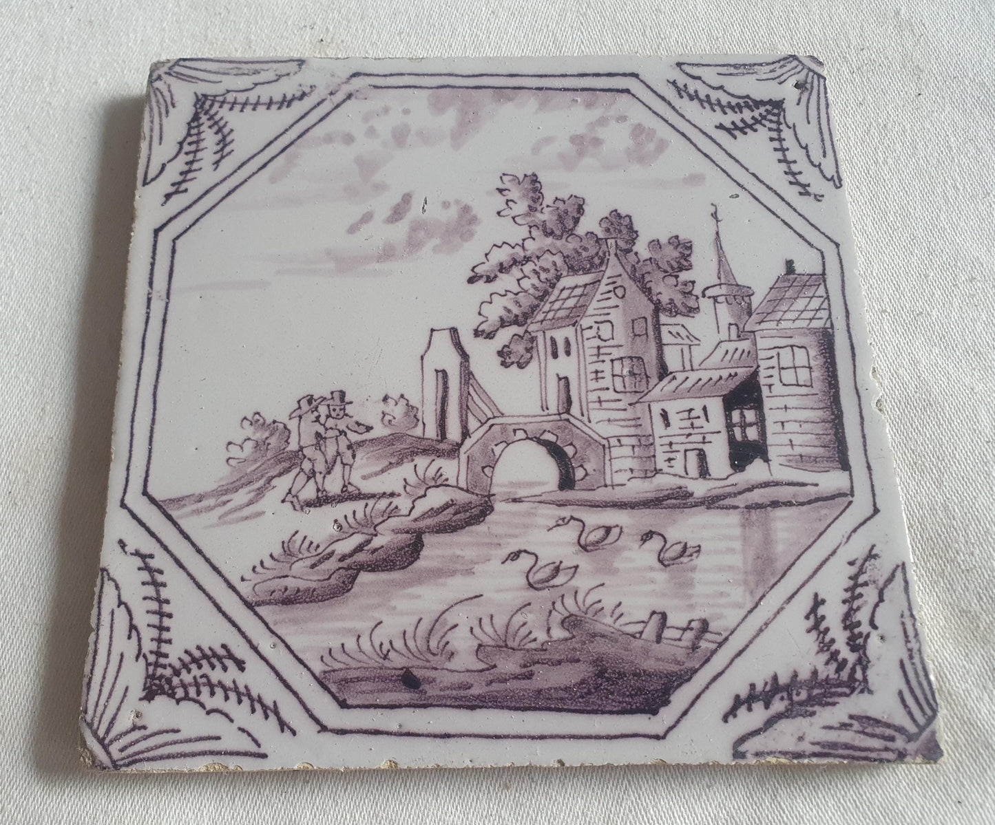 Delft tile, landscape 18th century (c. 1760) Dutch manganese tile . ( Landscape tile )