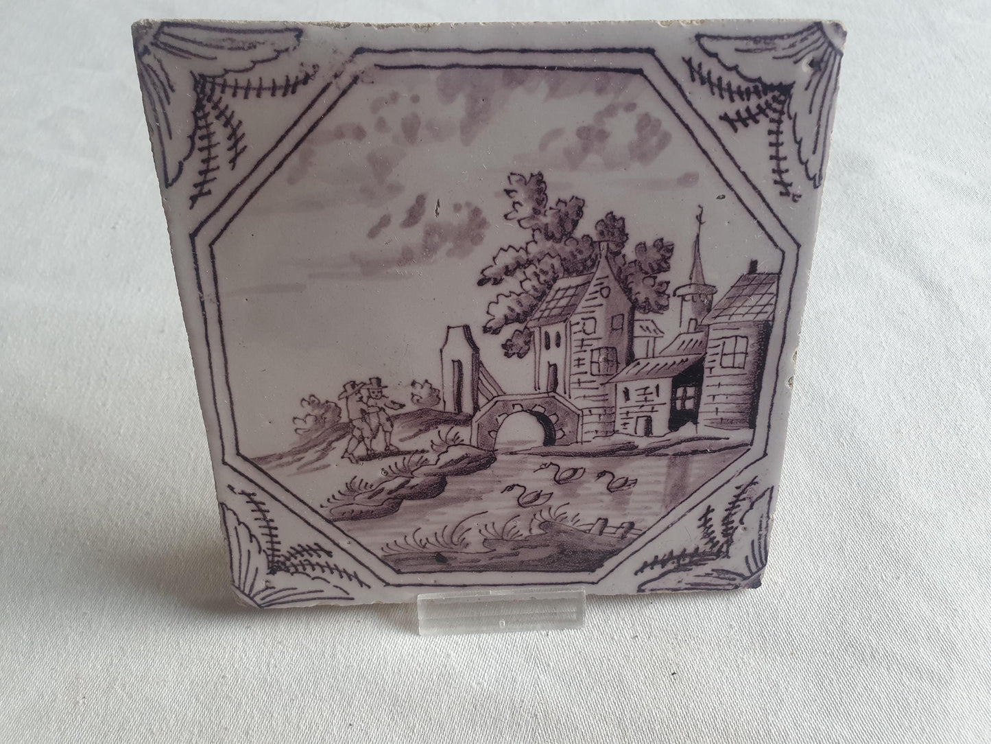 Delft tile, landscape 18th century (c. 1760) Dutch manganese tile . ( Landscape tile )