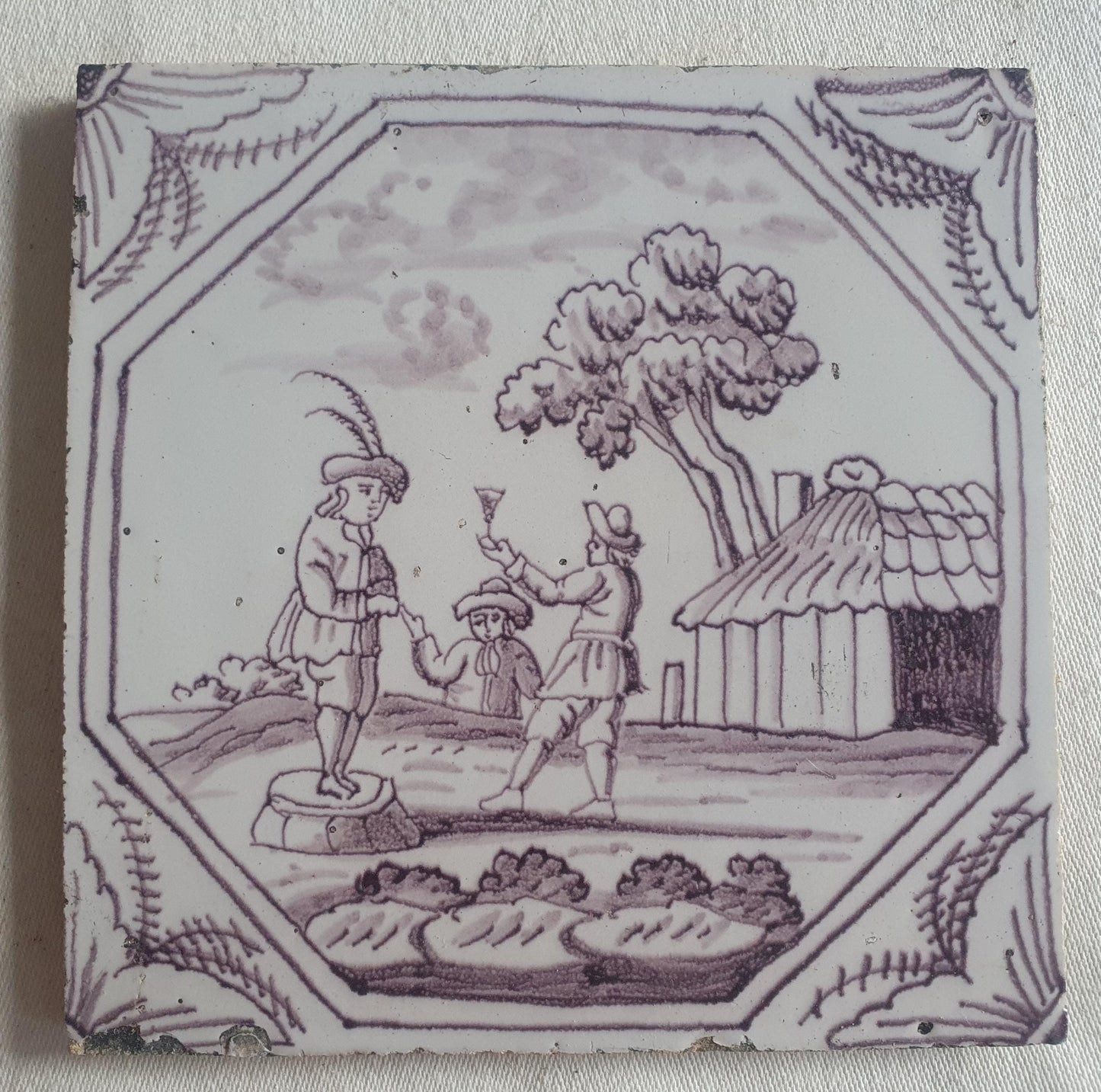 Delft tile, Drinkers, 18th century (c. 1760) Dutch manganese tile . ( figuretile )