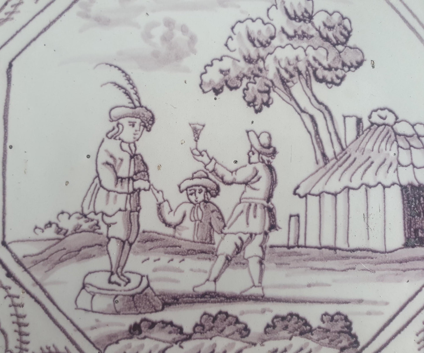 Delft tile, Drinkers, 18th century (c. 1760) Dutch manganese tile . ( figuretile )