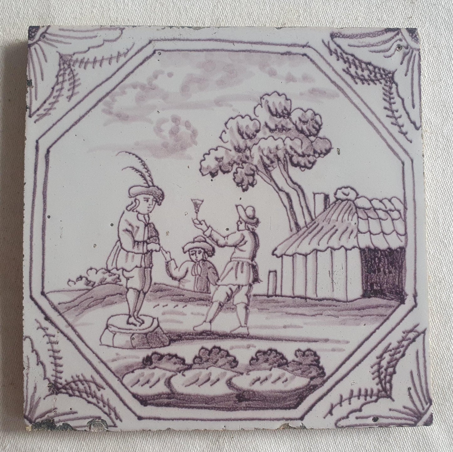 Delft tile, Drinkers, 18th century (c. 1760) Dutch manganese tile . ( figuretile )