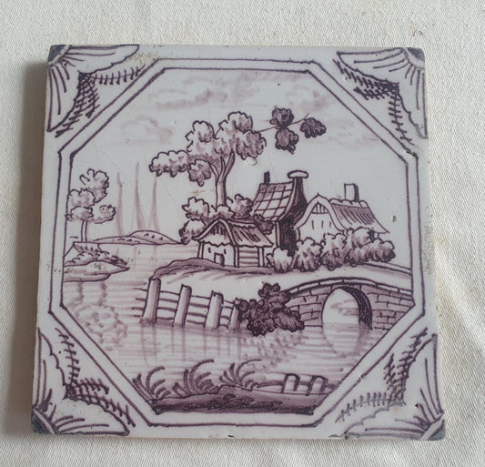 Delft tile, landscape 18th century (c. 1760) Dutch manganese tile . ( Landscape tile )