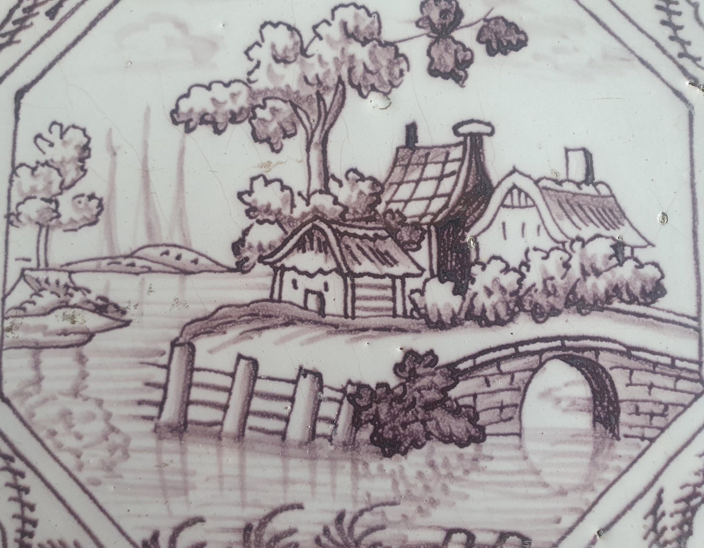 Delft tile, landscape 18th century (c. 1760) Dutch manganese tile . ( Landscape tile )