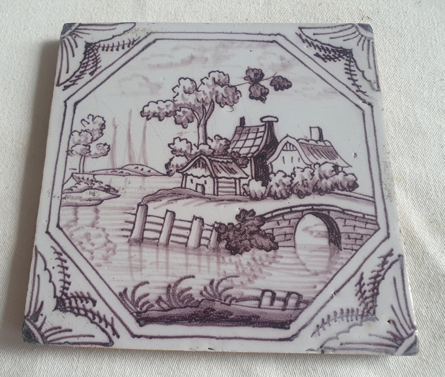 Delft tile, landscape 18th century (c. 1760) Dutch manganese tile . ( Landscape tile )