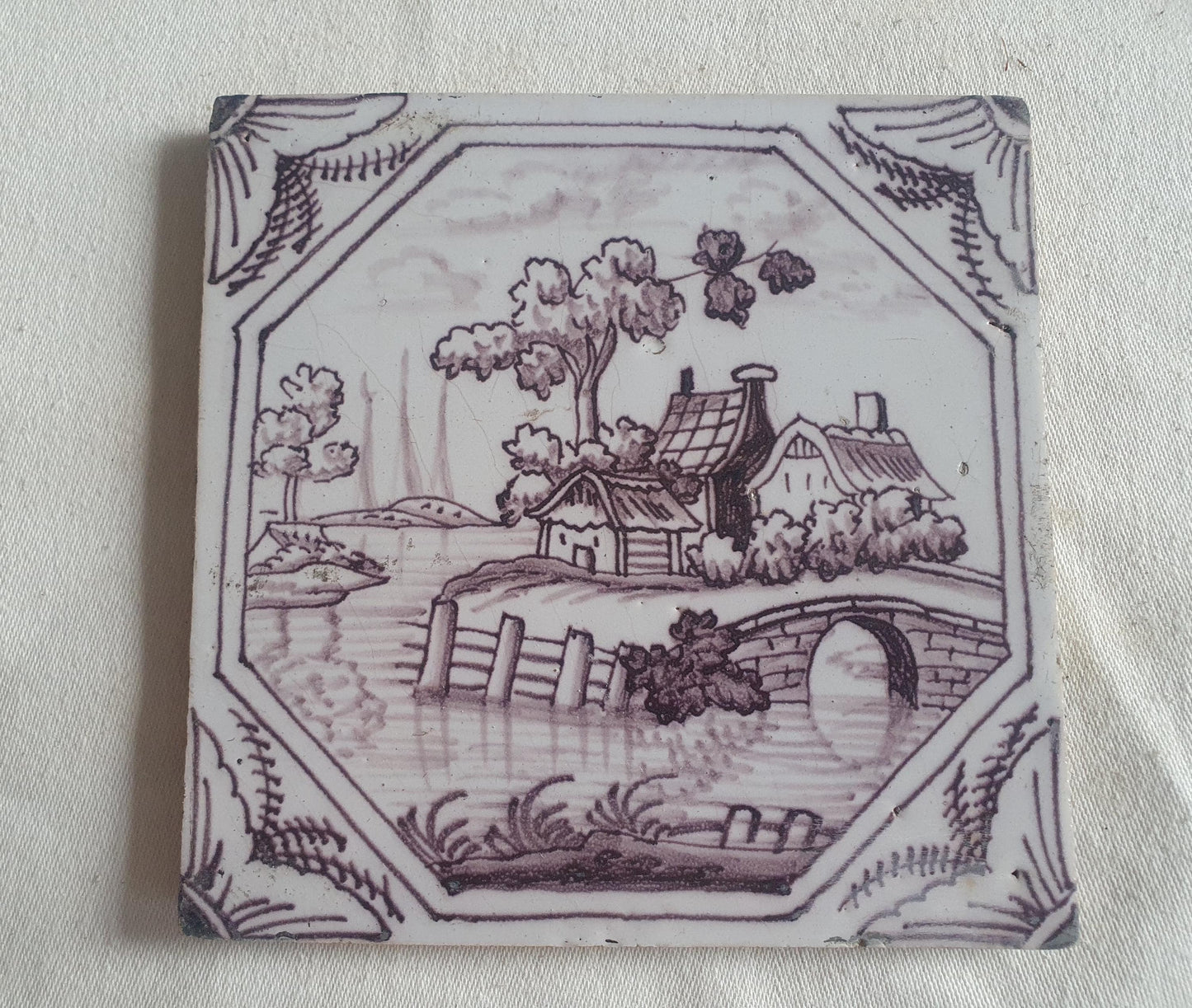 Delft tile, landscape 18th century (c. 1760) Dutch manganese tile . ( Landscape tile )