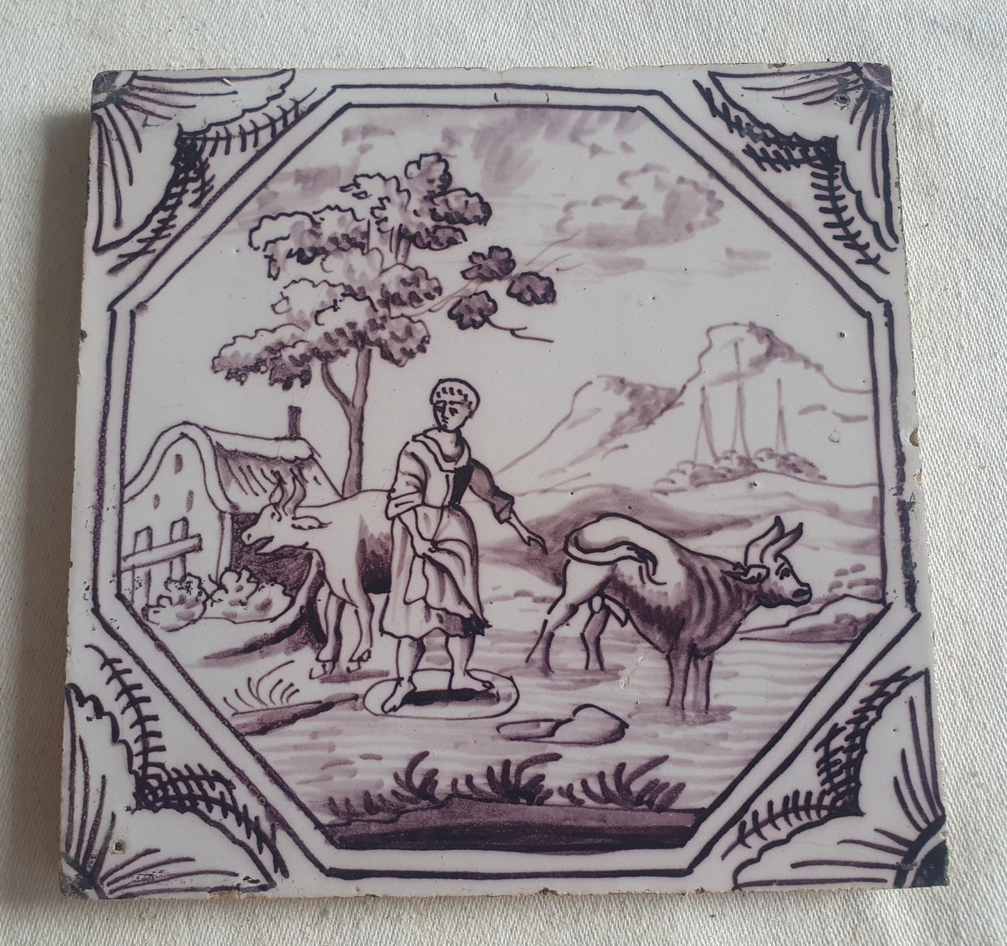 Delft tile, woman with two cows 18th century (c. 1760) Dutchmanganese tile . ( Animal tile )