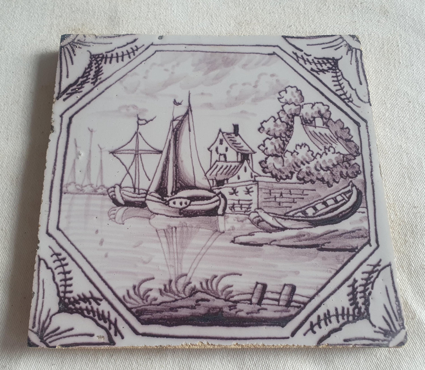 Delft tile, landscape 18th century (c. 1760) Dutch manganese tile . ( Landscape tile )